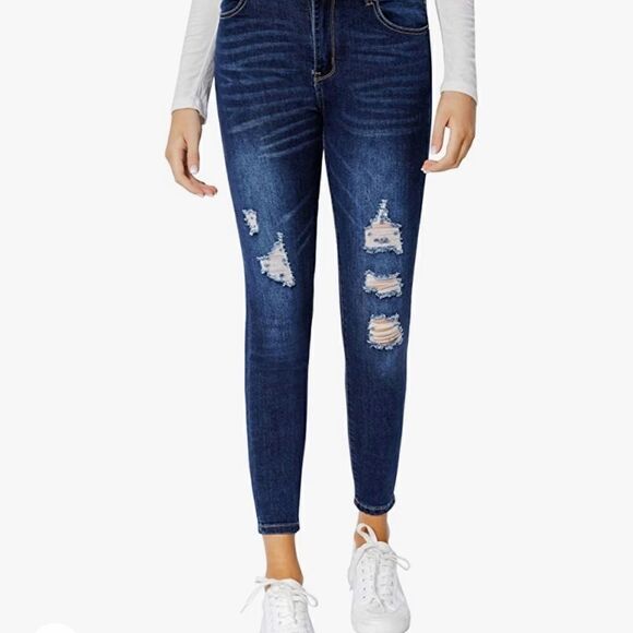 Denim - Ripped Skinny Jeans High Waist Distressed Stretchy